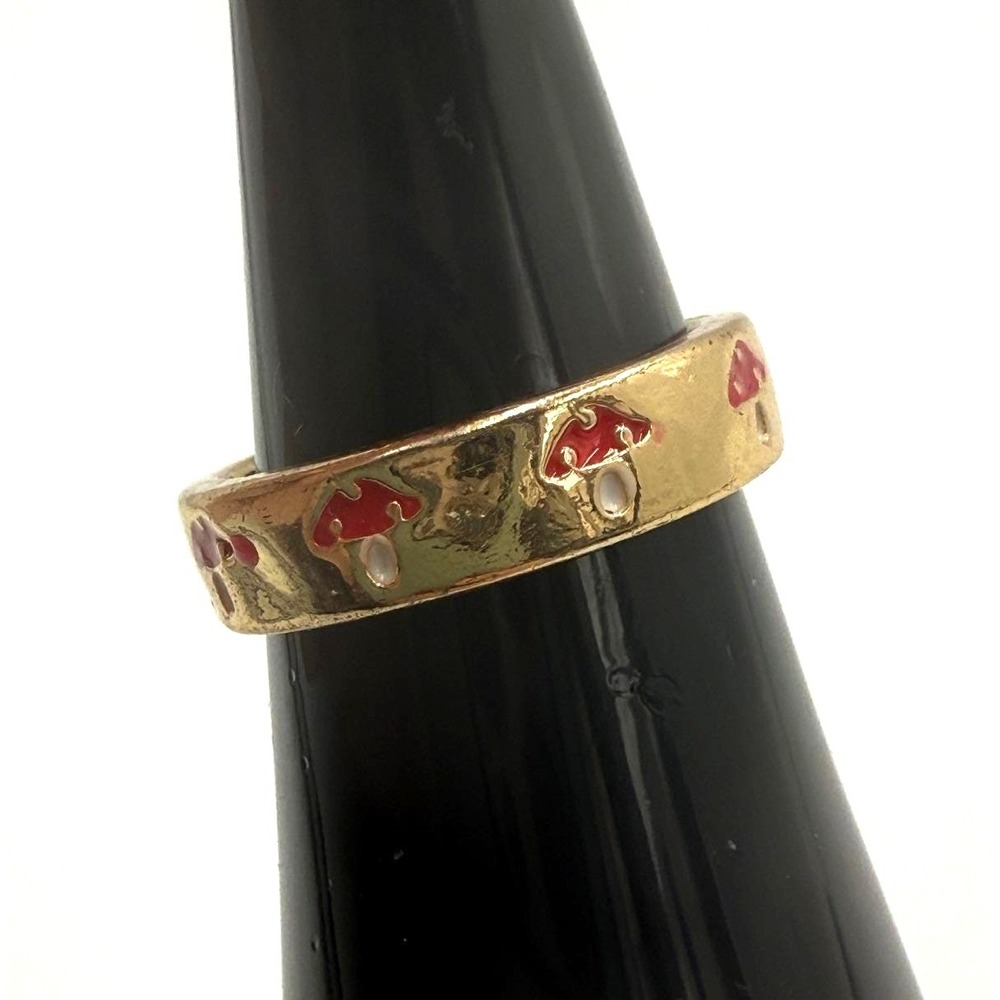 Gold Tone Mushroom Enamel Band Ring Red Toadstool Cottagecore Size 6.5